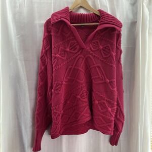 VINTAGE Brooks Brother's Red Cotton Cable Knit Sailor Collar Baggy Sweater XL‎